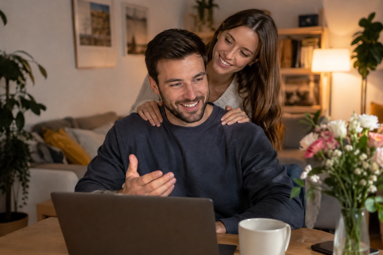 A man speaks to his laptop at home and smiles; a woman beside him looks at the screen