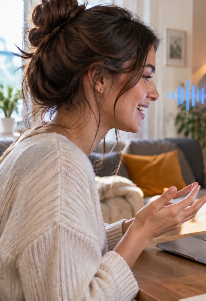 A woman talks in a video call on her laptop